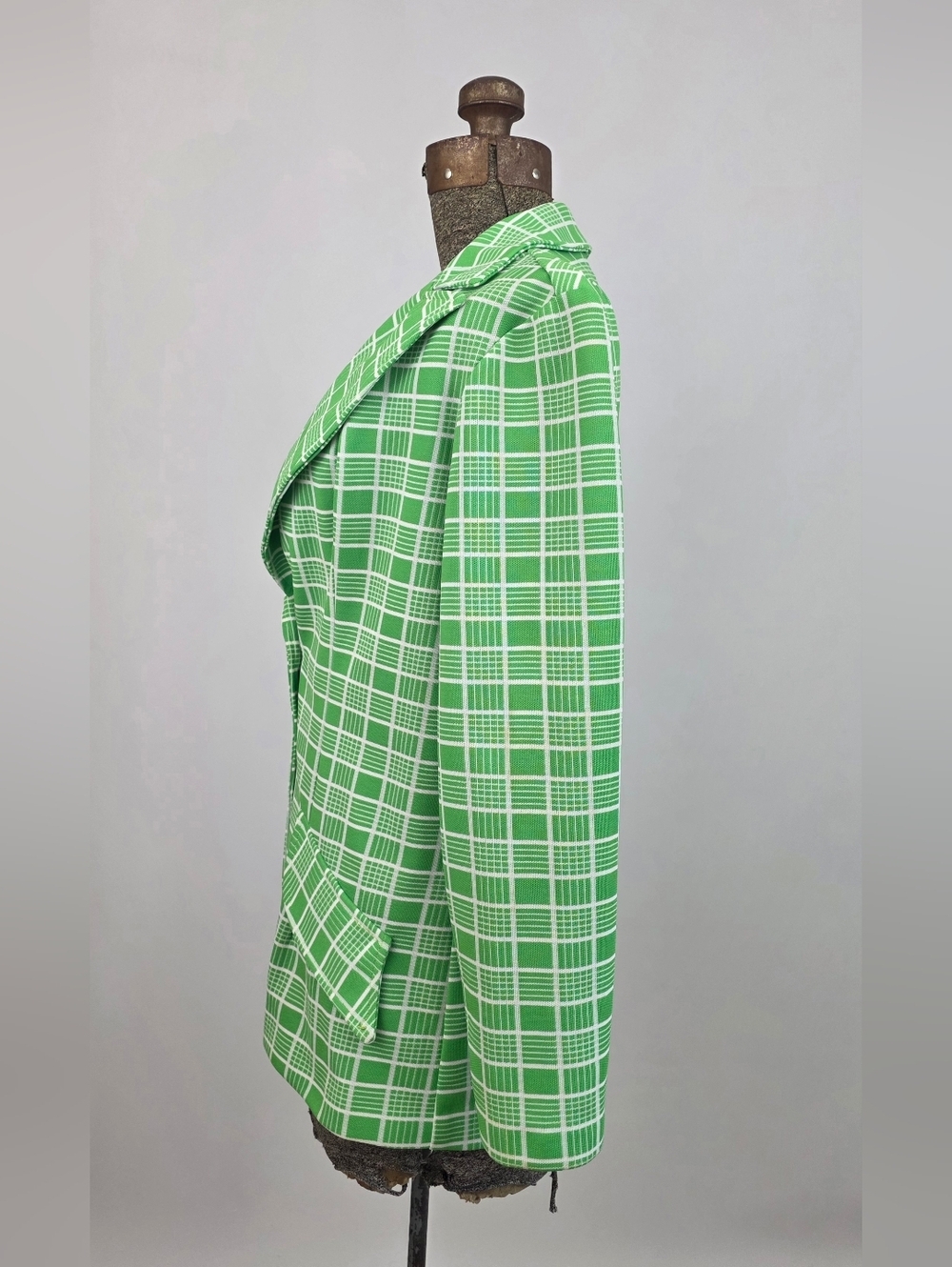 Russ Vintage 70's Medium Green White Plaid Wide Peaked Lapel Jacket Size Medium - Picture 2 of 10